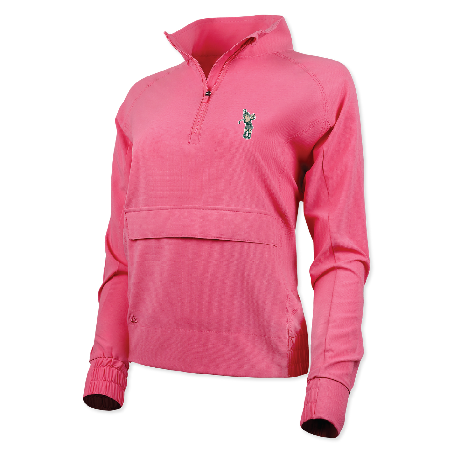 Pink pullover with a small golf Sparty embroidered logo. Zipper pouch in middle of torso section.