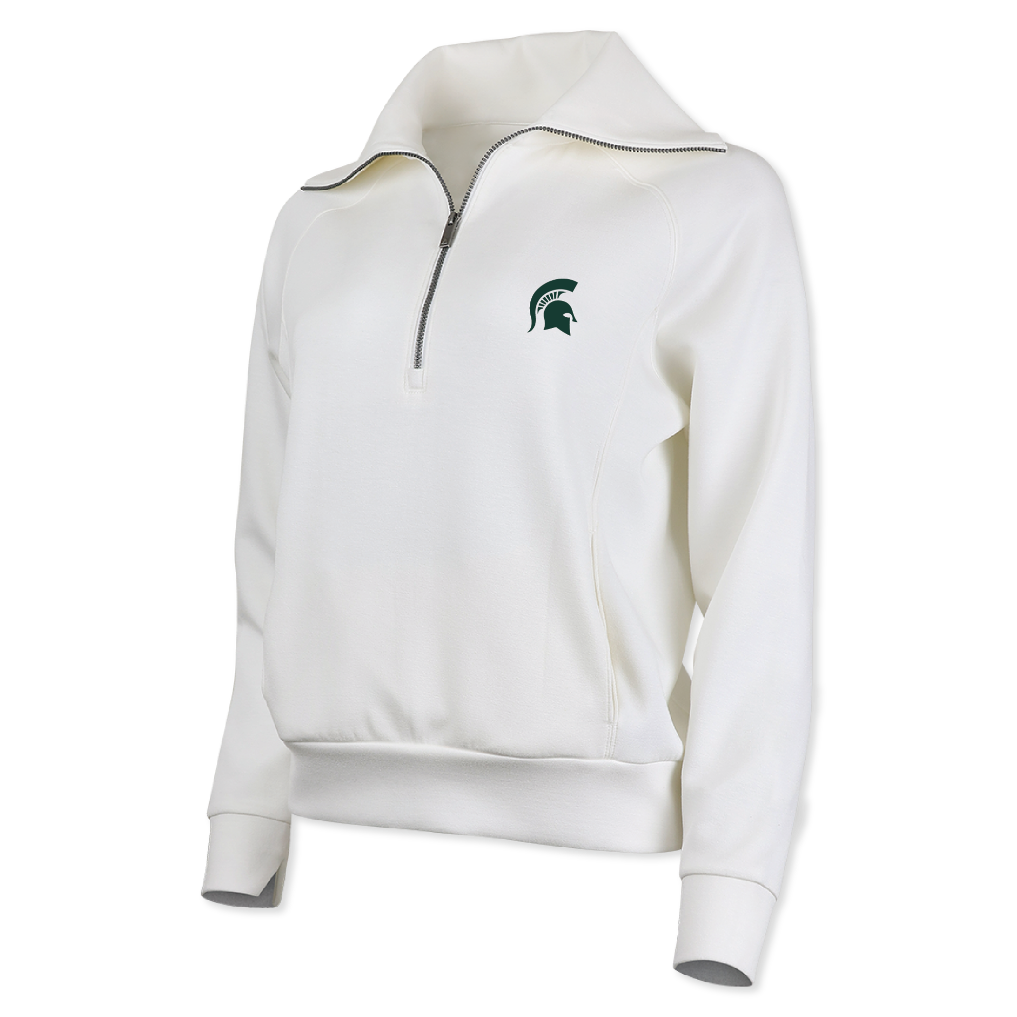 White quarter-zip sweatshirt with a green Spartan Helmet logo on left upper chest and an extended collar.