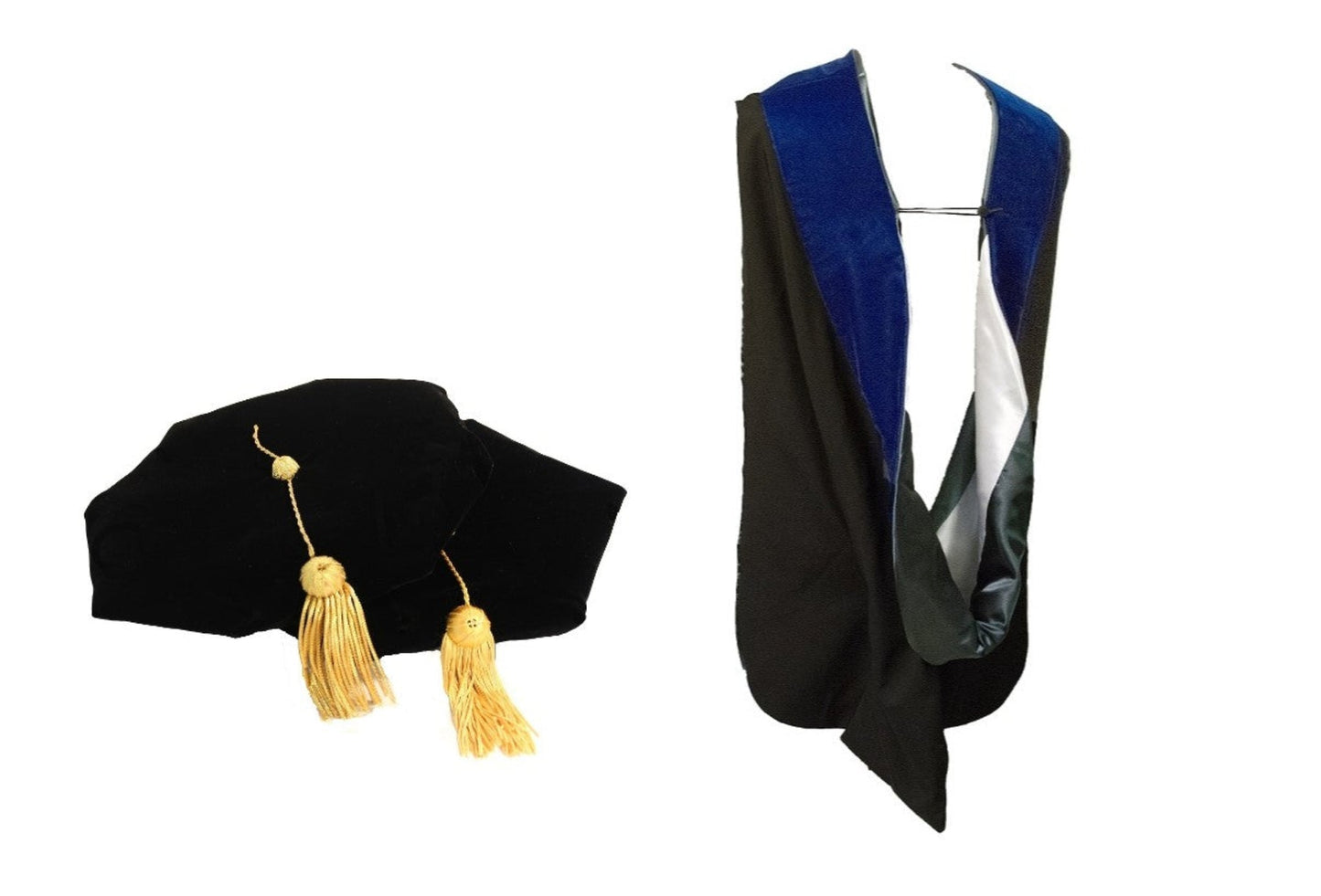 A set of doctoral regalia including a black velvet tam with gold tassel and a black Dalton Crepe fabric doctoral hood with Michigan State green and white satin and degree color velvet.
