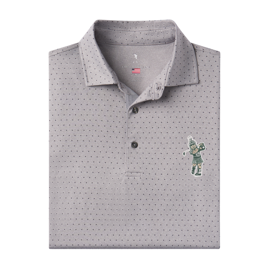 Gray polo shirt with black polka dots, the Golfing Sparty logo printed in the top left of the shirt, three black buttons, and a collar