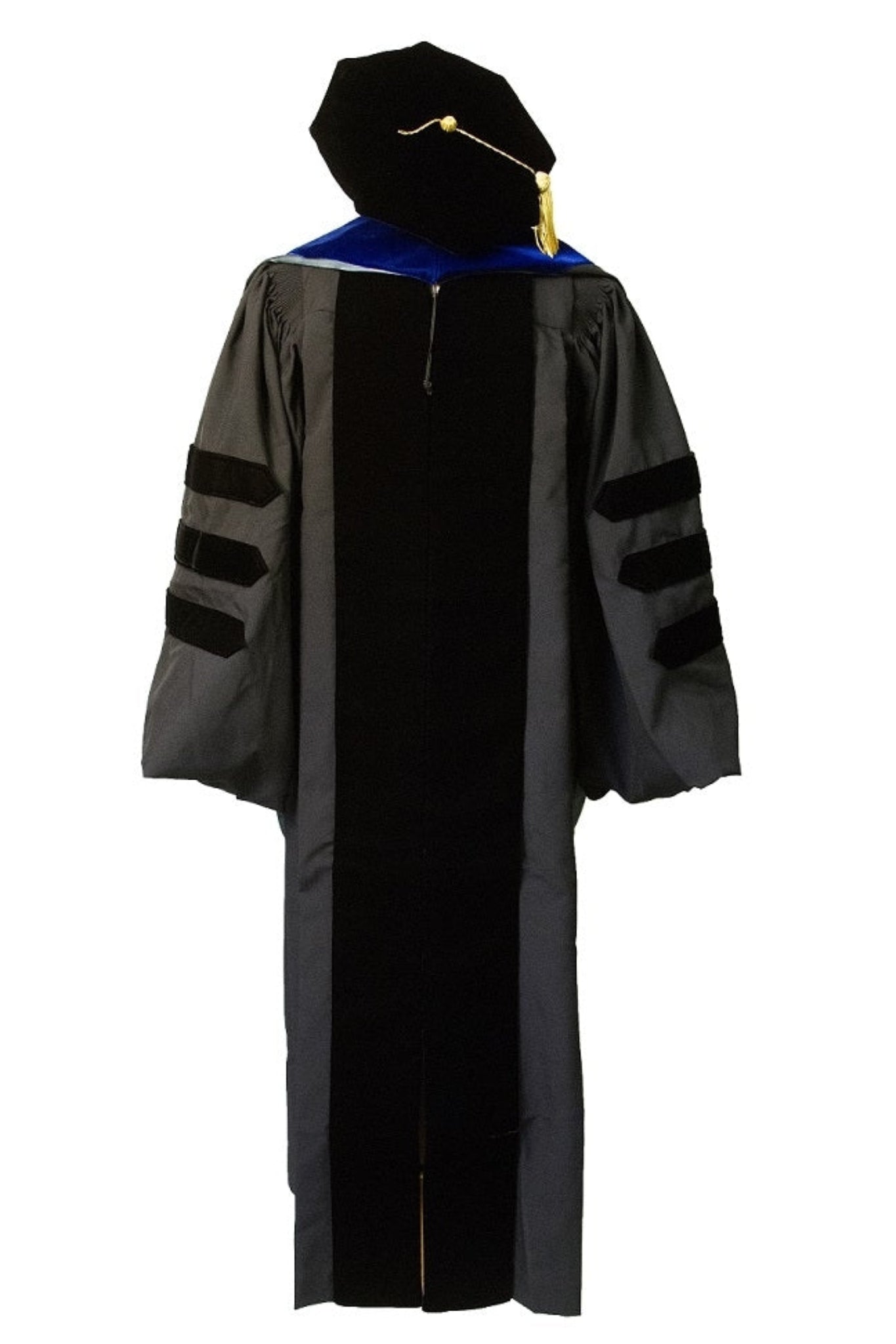A doctoral regalia set including a gown with full bell sleeves and a zipper closure, a doctoral hood, a tam with a tassel.