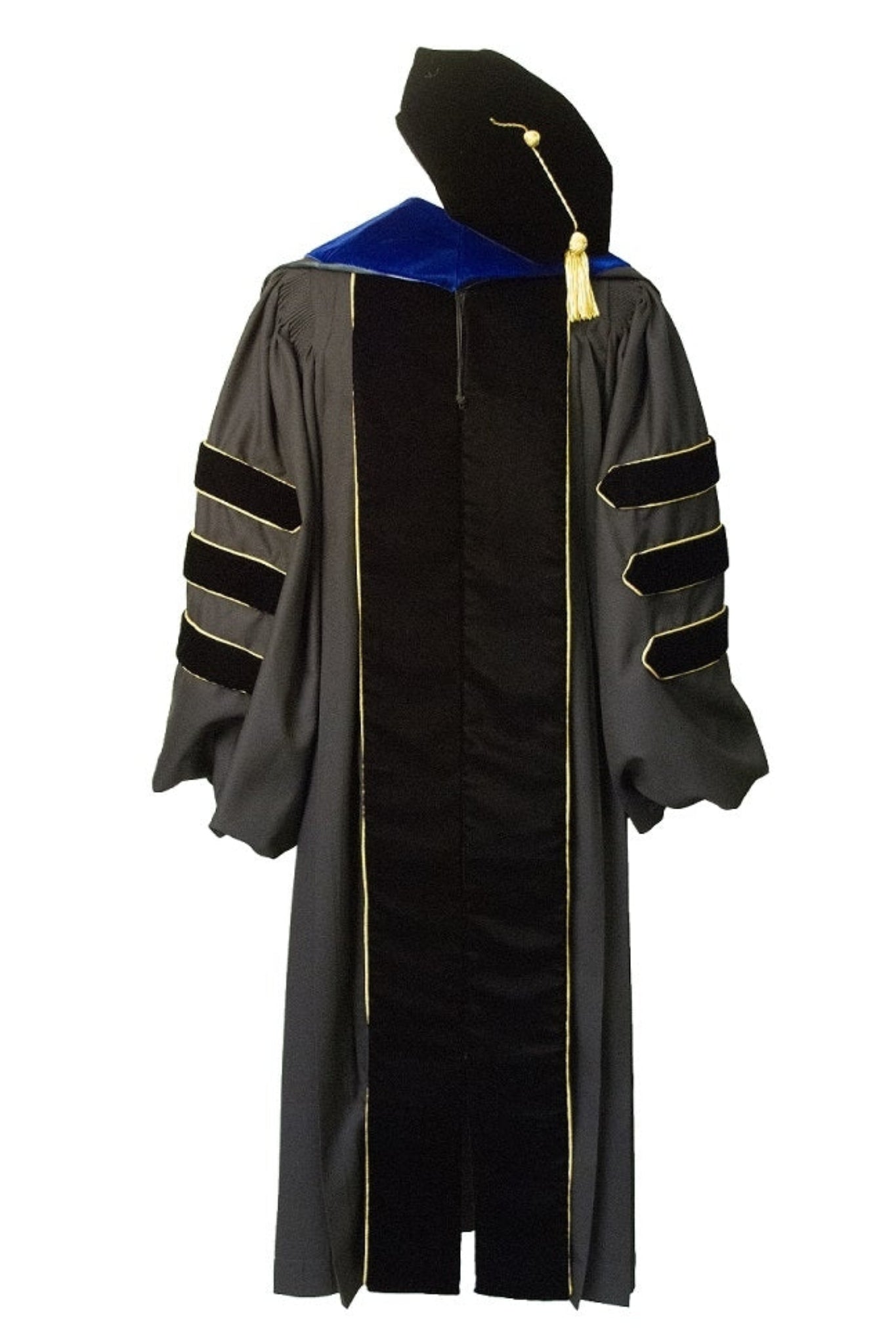 A doctoral regalia set including a gown with velvet panels and a doctoral hood with a blue lining.