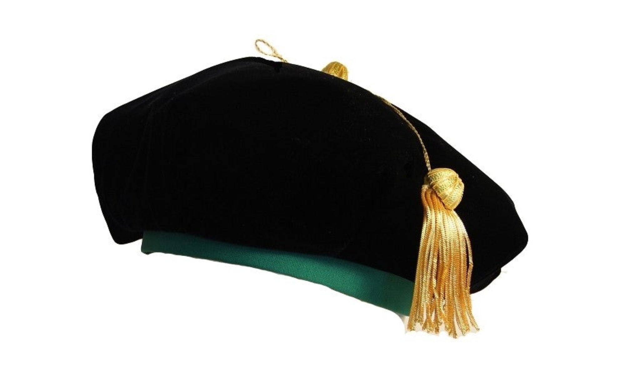 Black velvet tam with a green fabric headband and a gold metallic tassel.