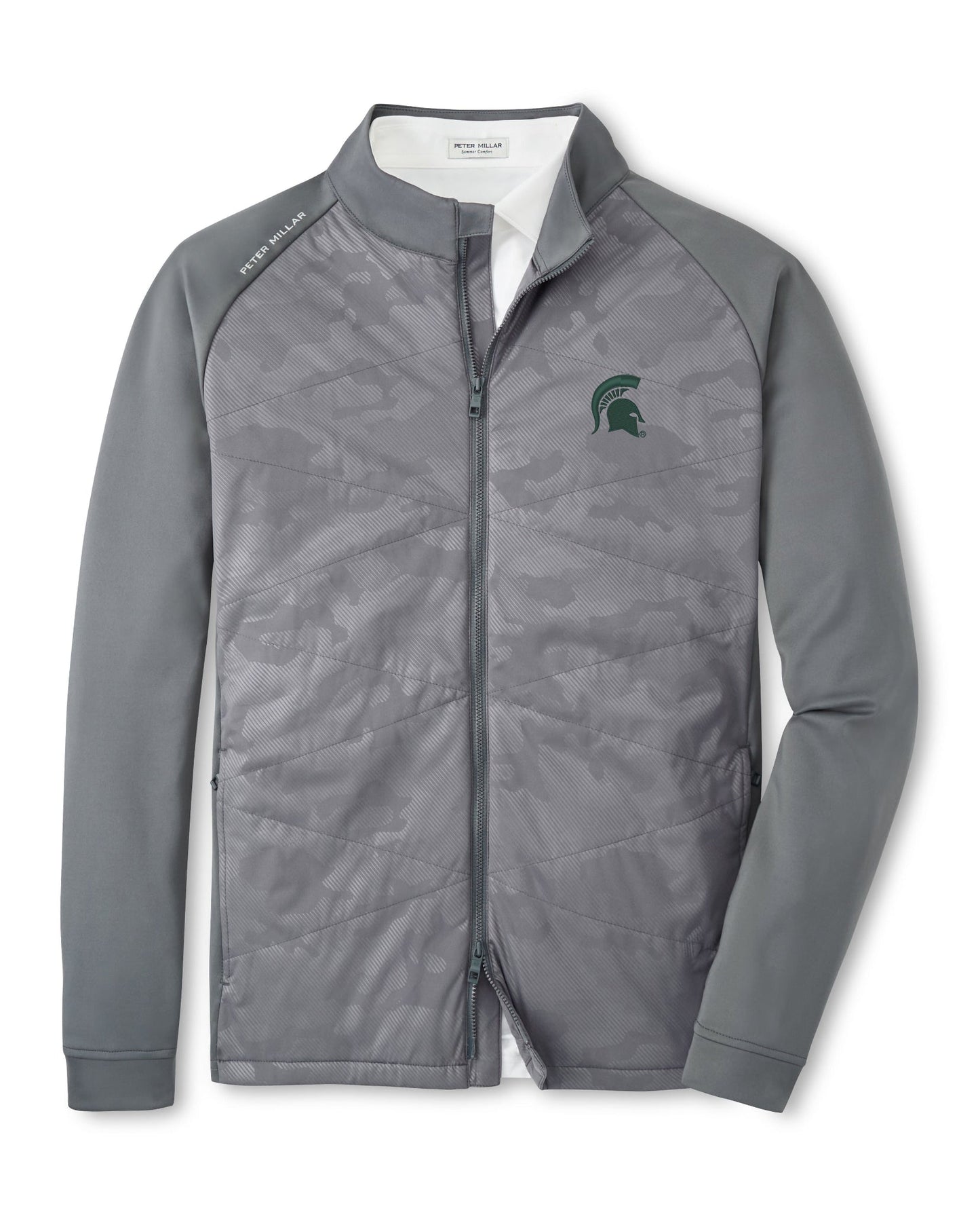 A gray camouflage full-zip jacket with two zip exterior pockets and the Spartan Helmet logo on the chest.