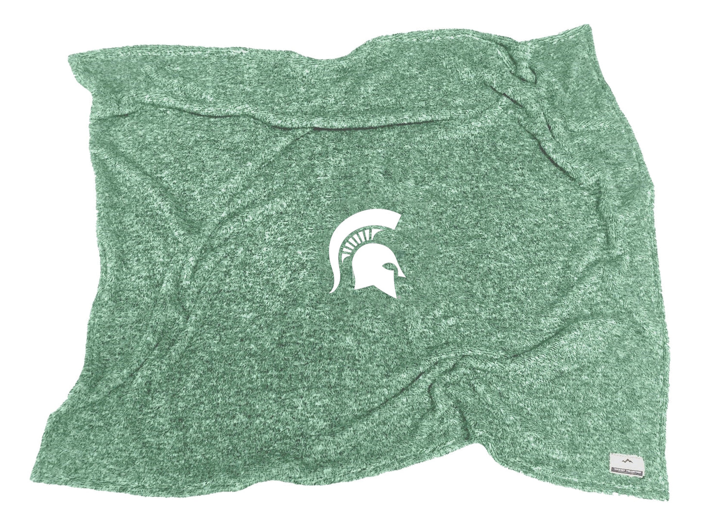 A green blanket with a white Spartan Helmet in the center.