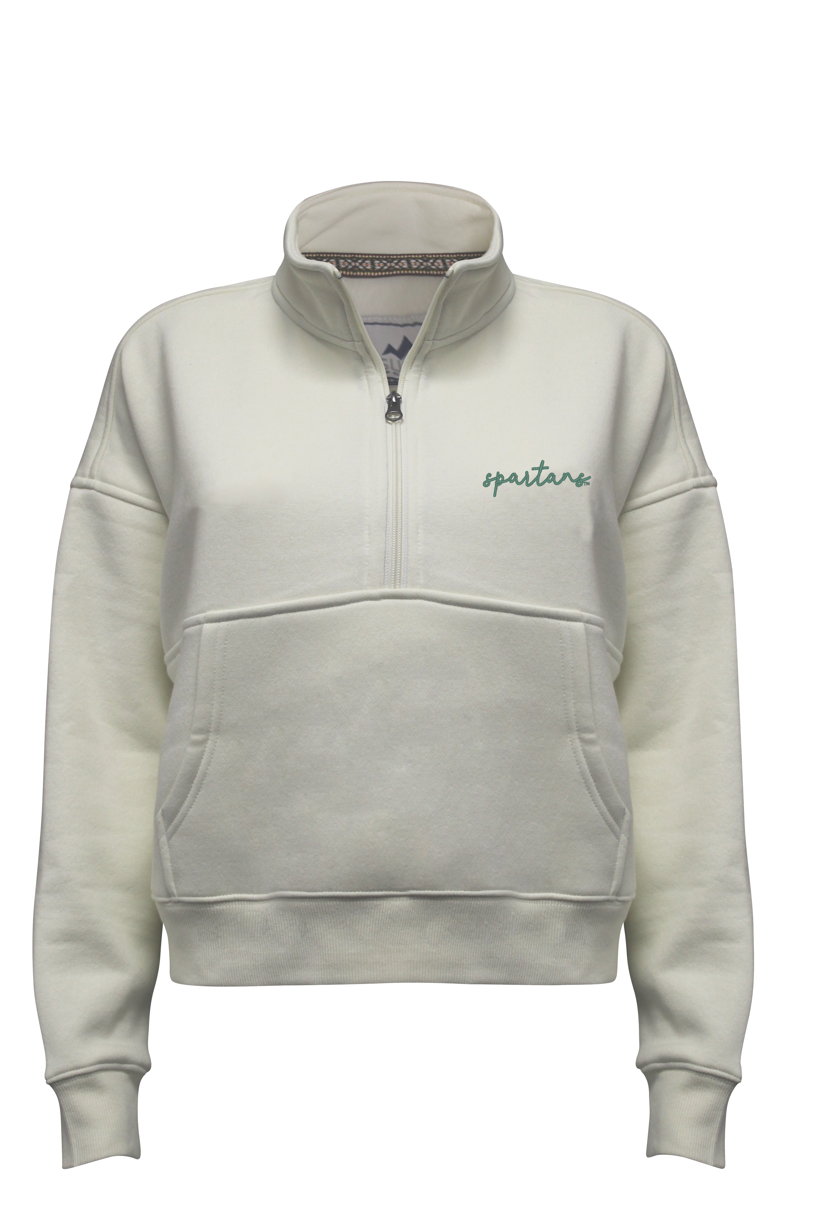 A white fleece quarter-zip pullover with the cursive word "Spartans" in green on the upper left chest.