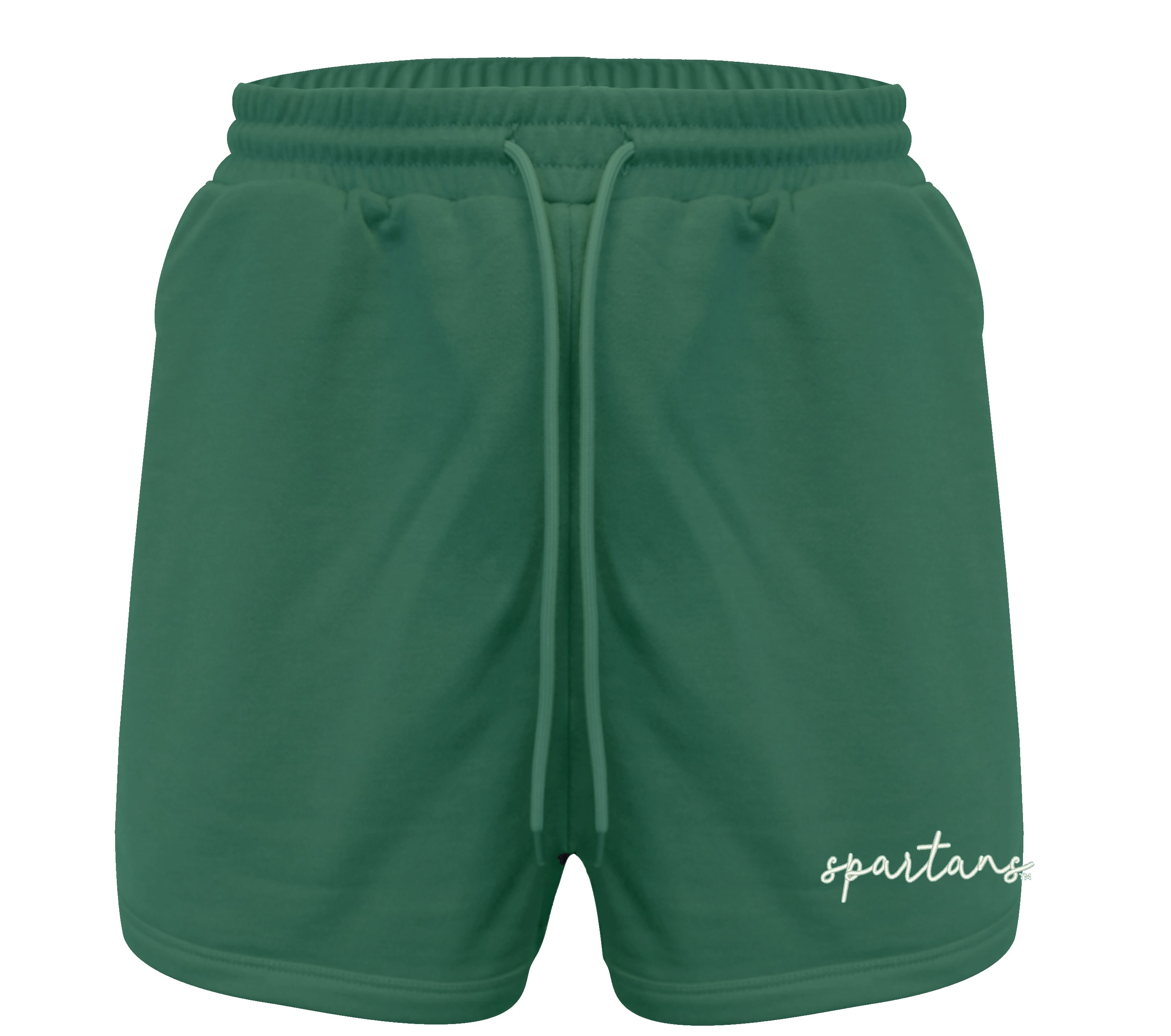 Green terry shorts with the word "Spartans" on the left leg in cursive.