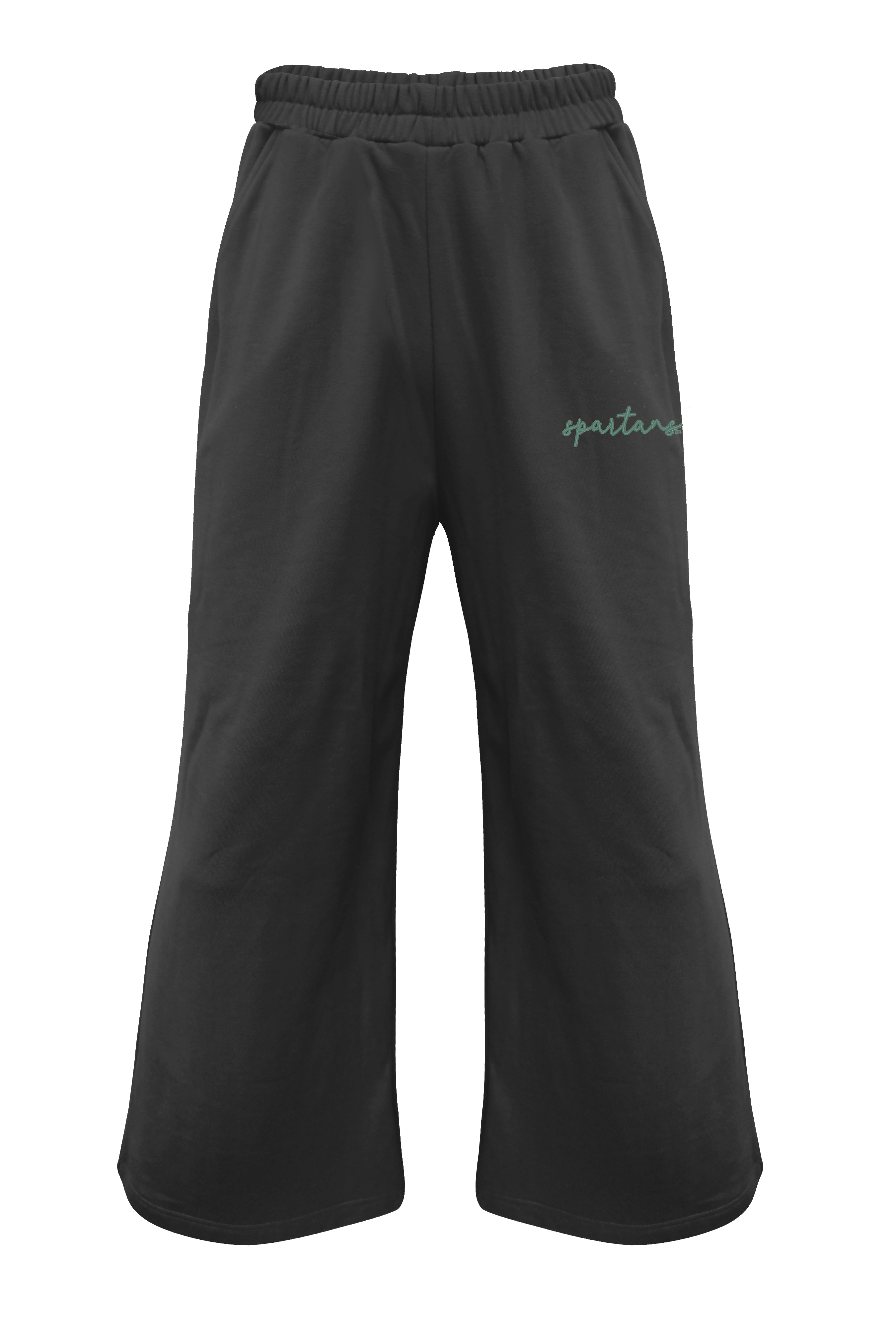 Black wide leg sweatpants with the word "Spartans" on the left leg in cursive.