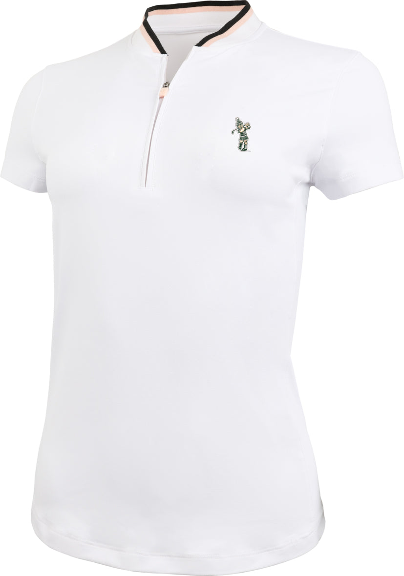 A white half-zip shirt with a golfing Sparty logo on the upper left chest.