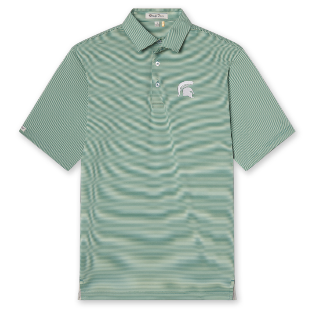 Light green striped polo with a white Spartan Helmet logo embroidered on the upper left chest.