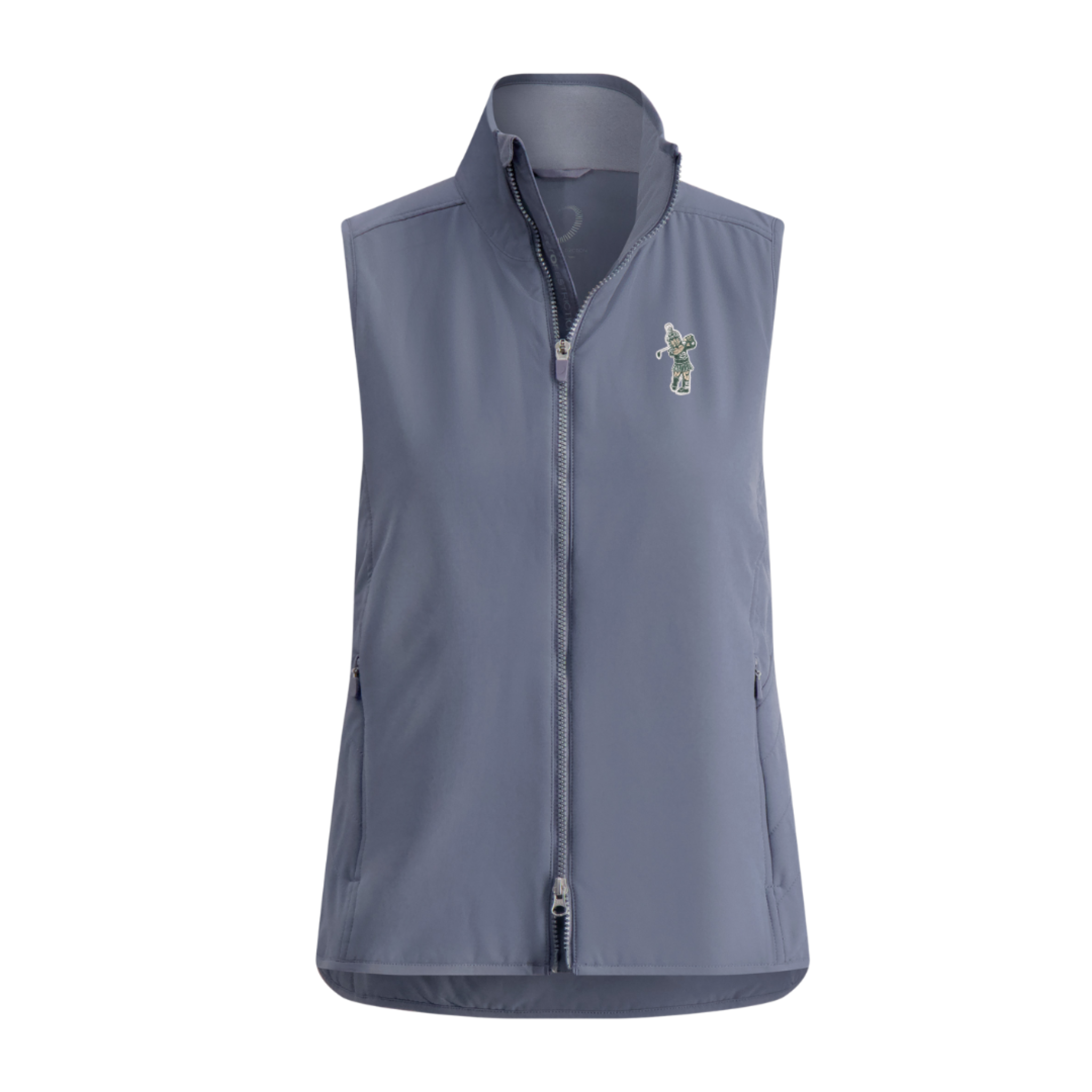 Light blue sleeveless vest with a full front zipper, two zippered side pockets, and a small embroidered Golf Sparty design on the left chest.