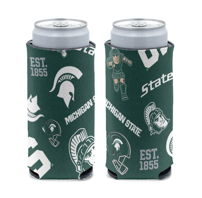 Two Michigan State branded can coolers with various Michigan State logos printed on them.