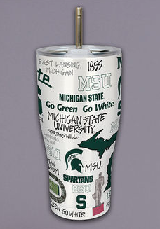 White tumbler covered in various Michigan State logos and sayings such as "Go green Go white" and the Spartan Helmet.