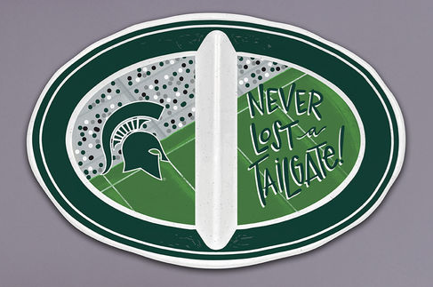 A two-sectioned serving tray with a football field design and the words "Never lost a tailgate!" on one section and a green Spartan helmet on the other section.