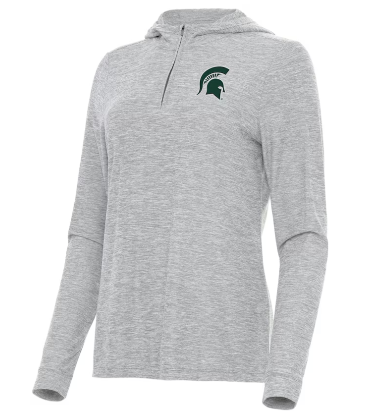 A gray women's hoodie with a quarter zip and a Spartan Helmet logo on the upper left chest.