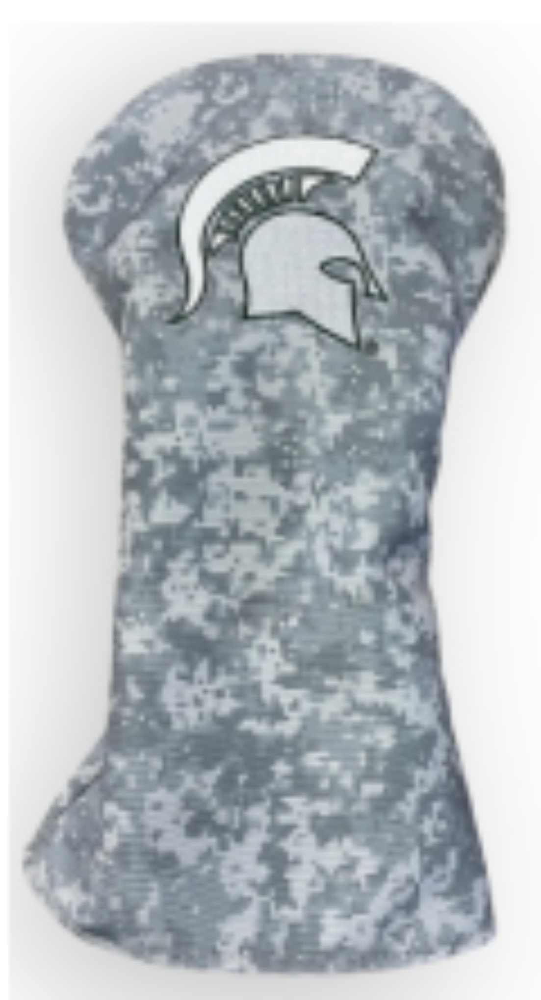 Gray digital camouflage golf club head cover with a white Spartan helmet on the top.