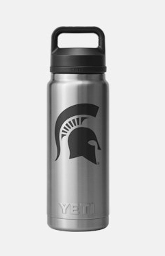 Silver stainless steel water bottle with a black Spartan Helmet logo in the middle and black lid.