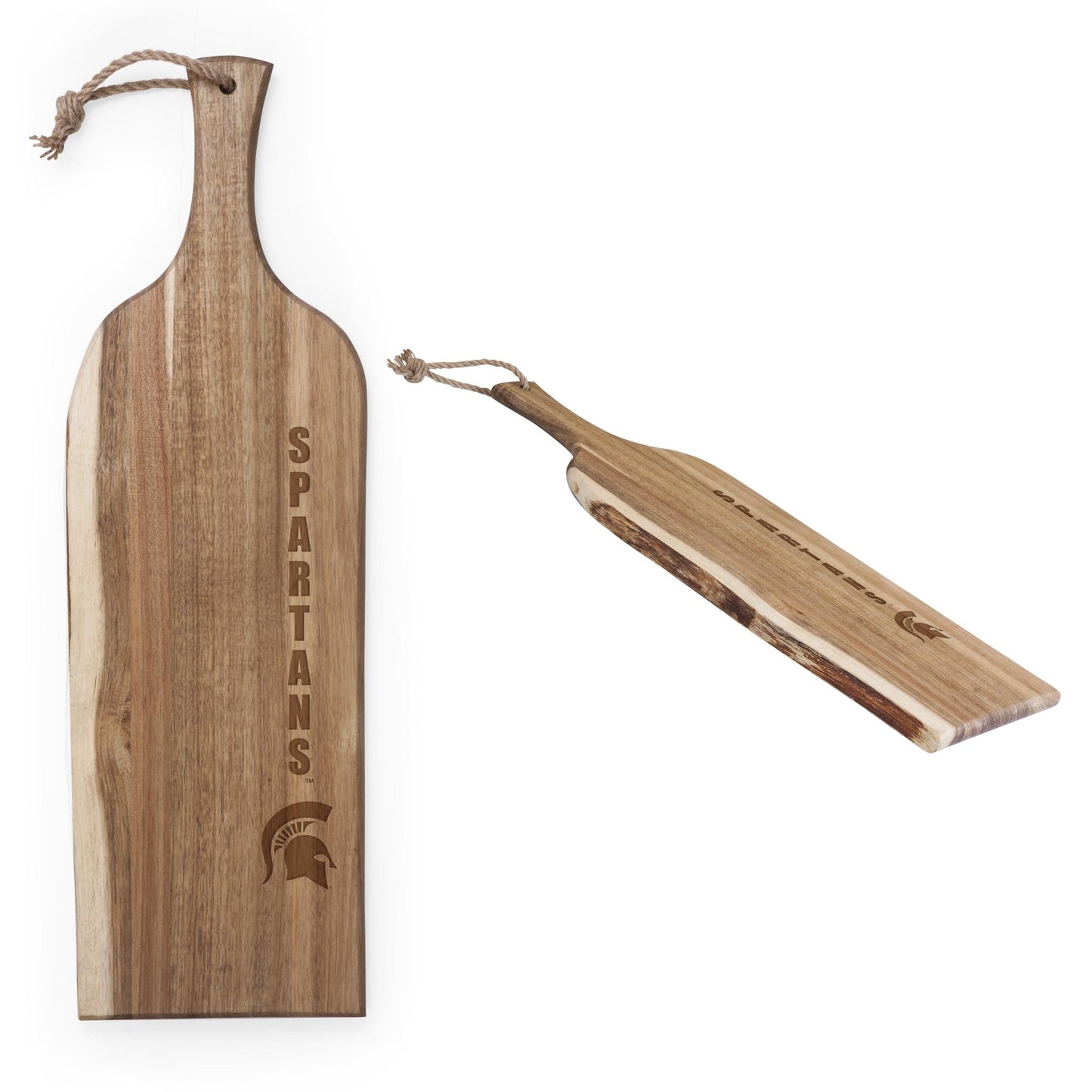 A wooden serving plank that reads "Spartans" with a Spartan Helmet logo.