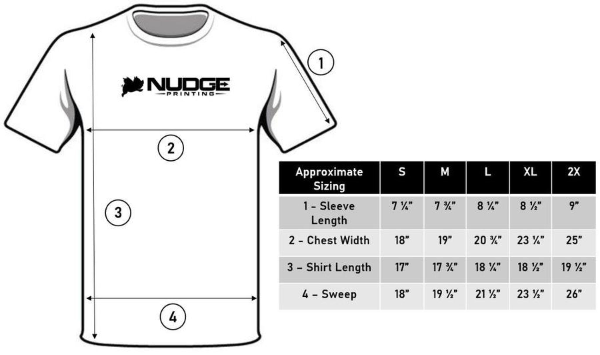 The Nudge Printing sizing guide.