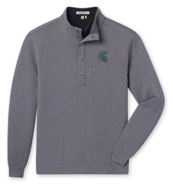 Gray pullover with four snap buttons and a green Spartan Helmet logo embroidered on the upper left chest.