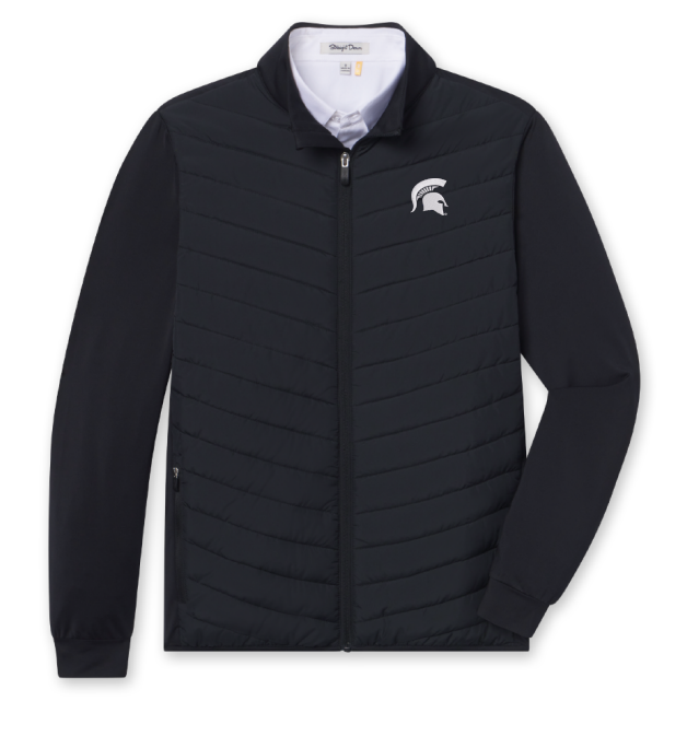 Black full-zip jacket with quilted stitching, two pockets on either side, and a white Spartan Helmet logo on the upper left chest.