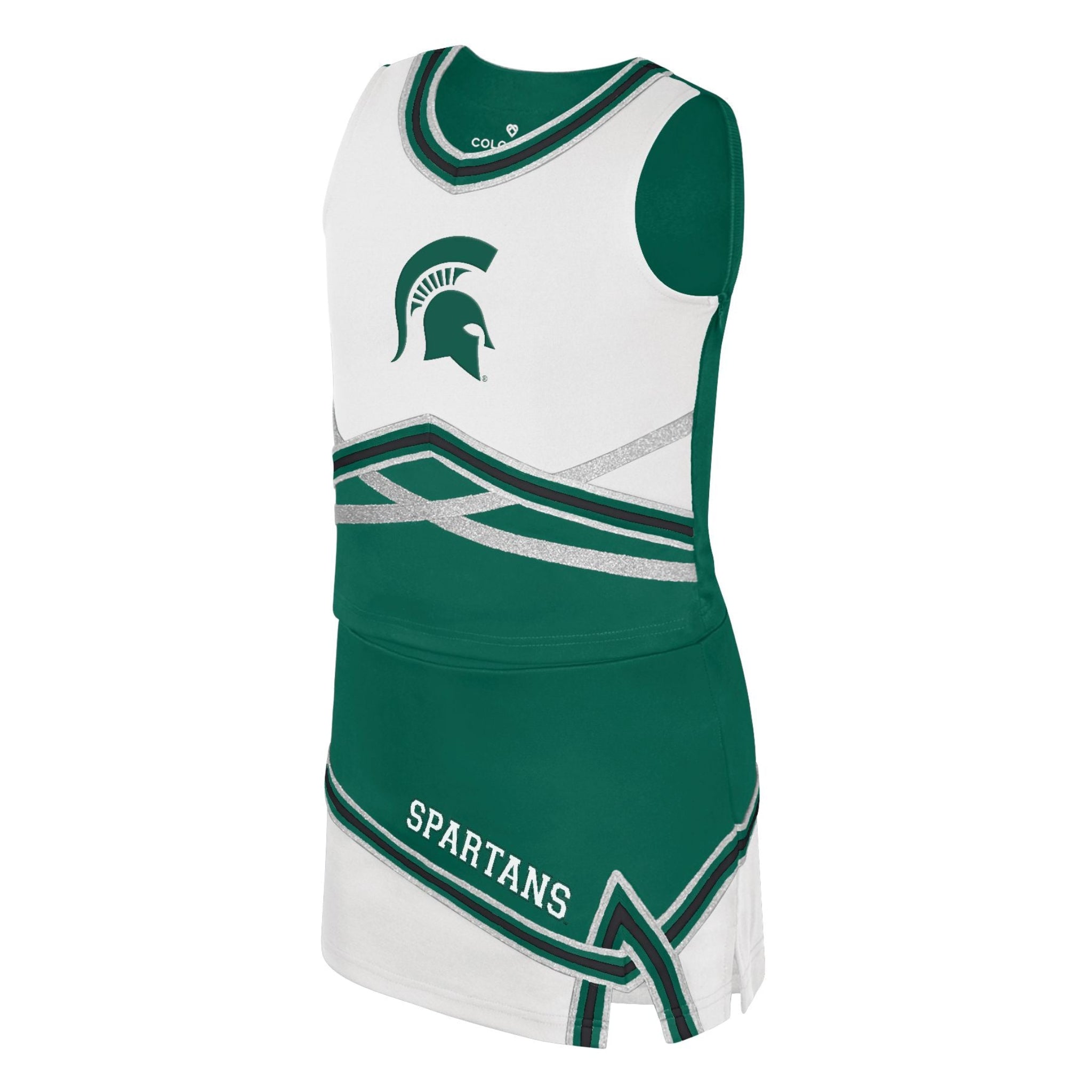 Michigan State Spartans cheerleading uniform with a white top featuring green accents and a Spartan helmet logo on the chest, and a green bottom with white accents and 'SPARTANS' text."