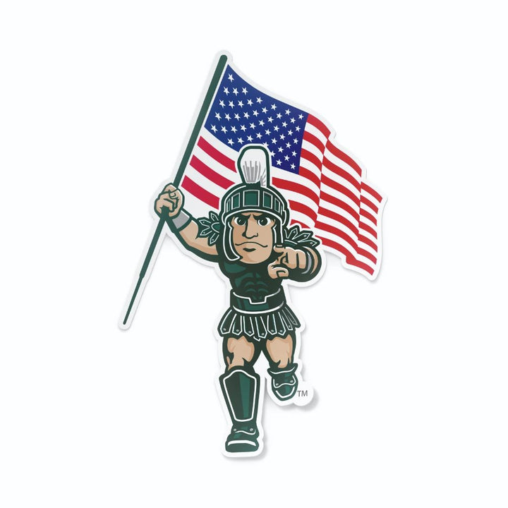 Vinyl sticker of Sparty running while holding an American flag and pointing forward.