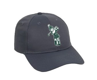 A black golf hat with a structured design featuring a metallic heat-bonded transfer logo of a golfing Sparty figure on the front