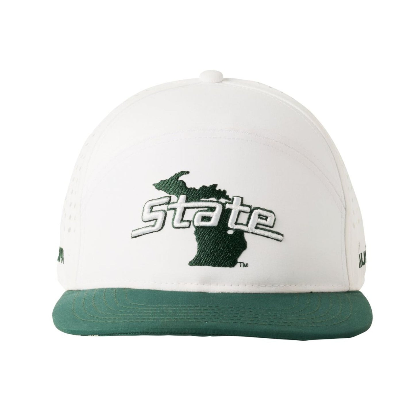White hat with green bill and white embroidered "State" wordmark with green silhouette of the State of Michigan in the background.
