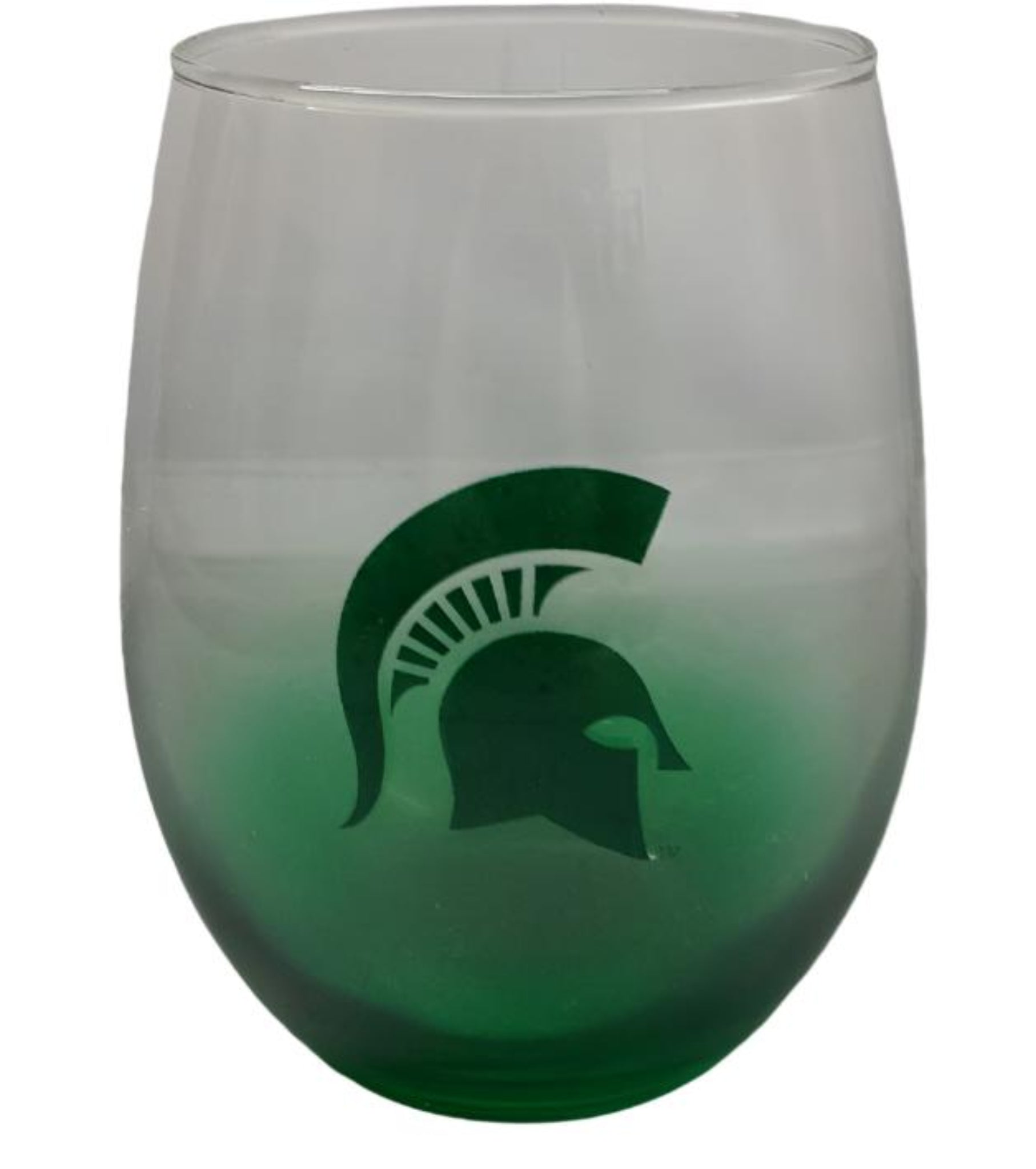 A stemless gradient wine glass with a green bottom and a Spartan Helmet logo on the side.