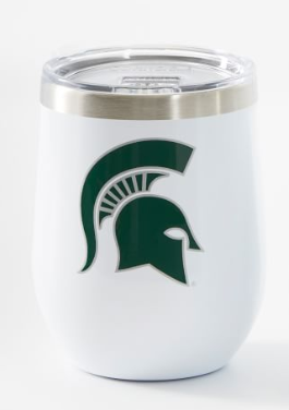 A white 12oz Corkcicle stemless wine tumbler with a green Michigan State Spartans helmet on the side.