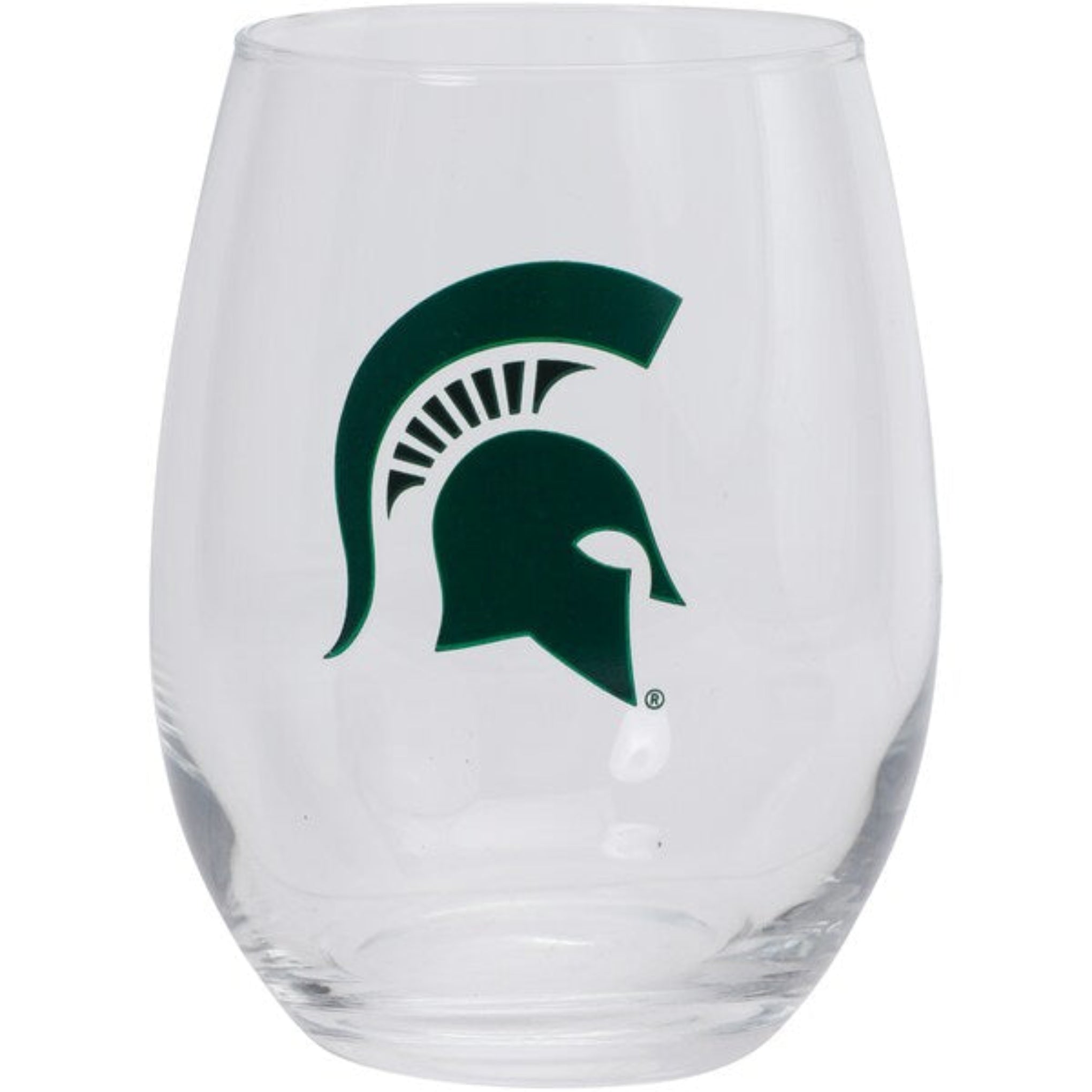 A clear stemless wine glass with a green Spartan helmet logo on it.
