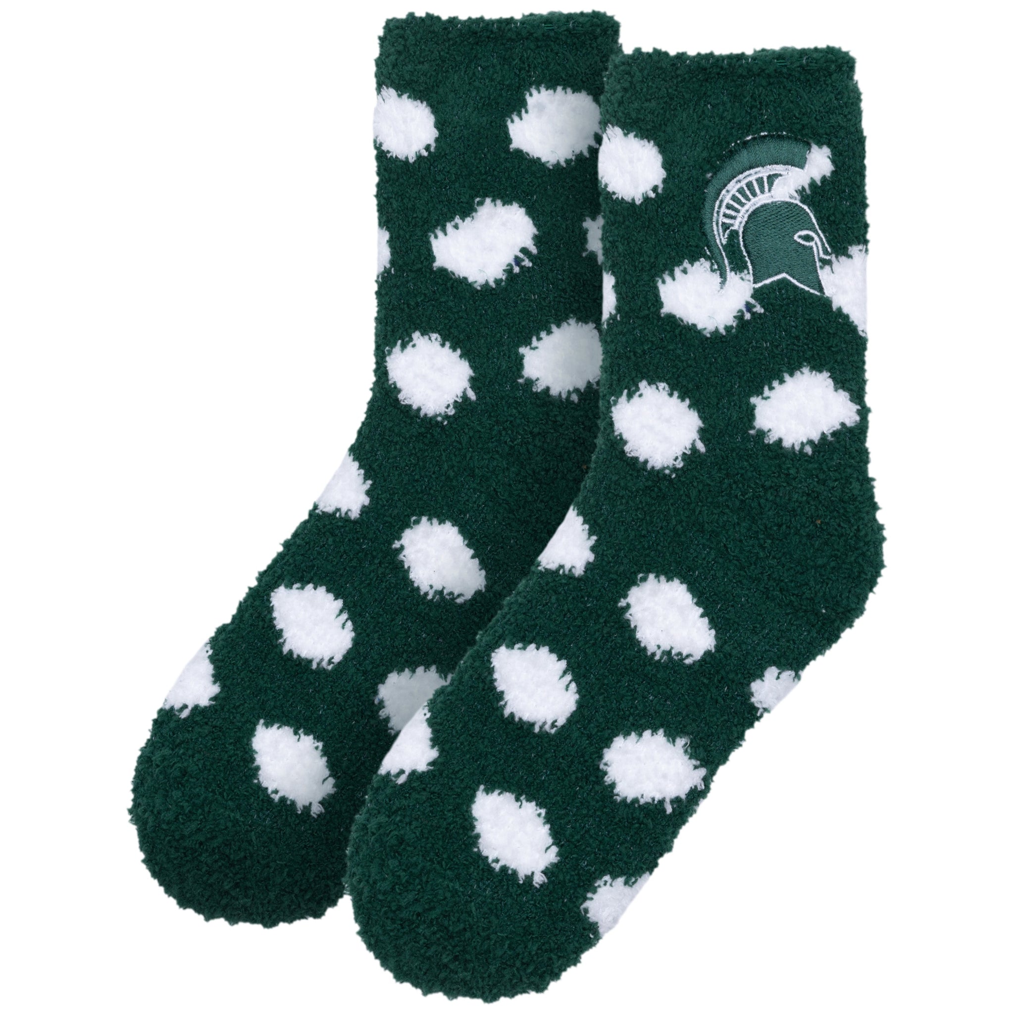 Fuzzy green socks with large white polka dots and a Michigan State Spartan helmet logo near the ankle