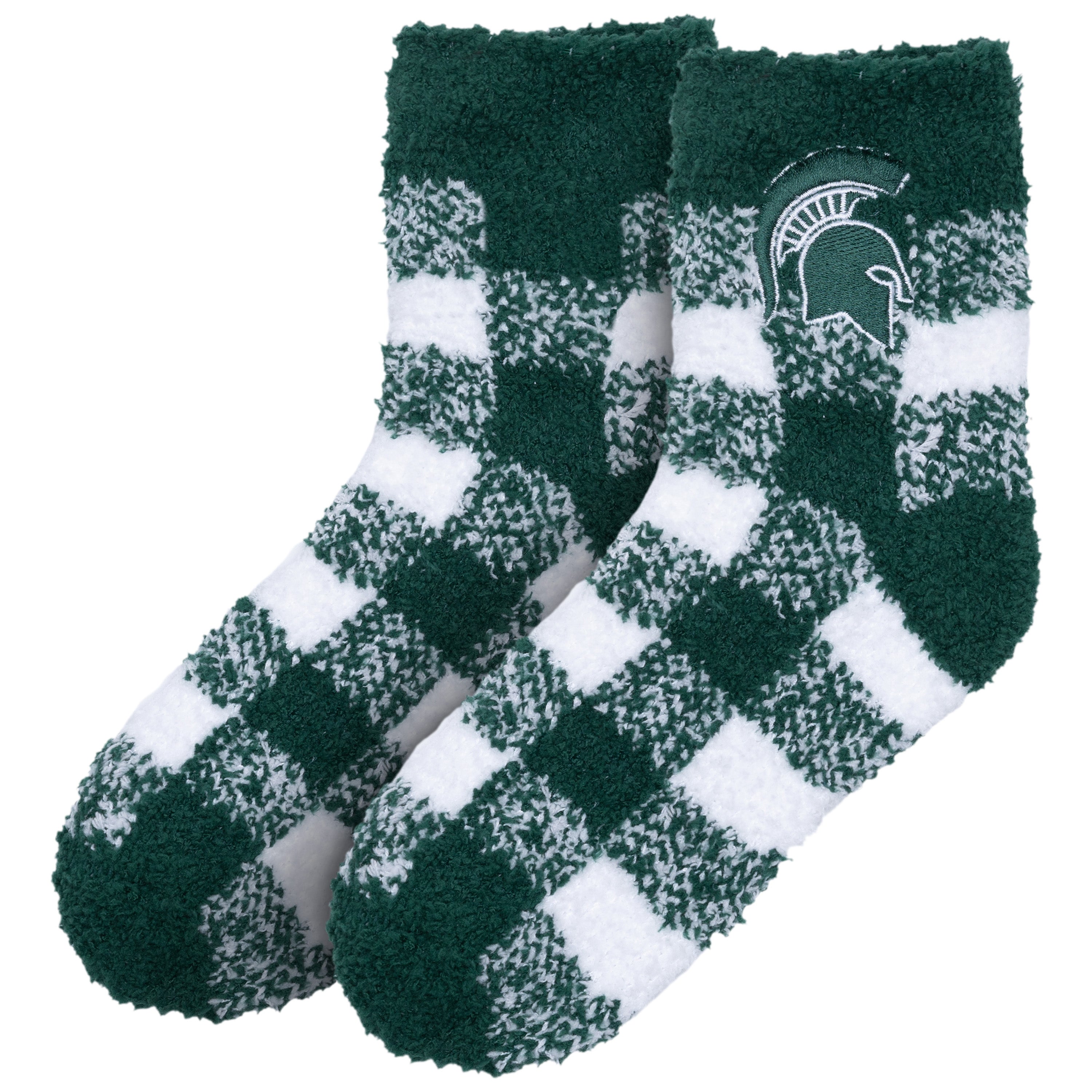 Pair of green and white checkered socks with a logo on a white background