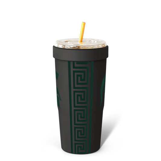 Black tumbler with green pattern and straw on a white background
