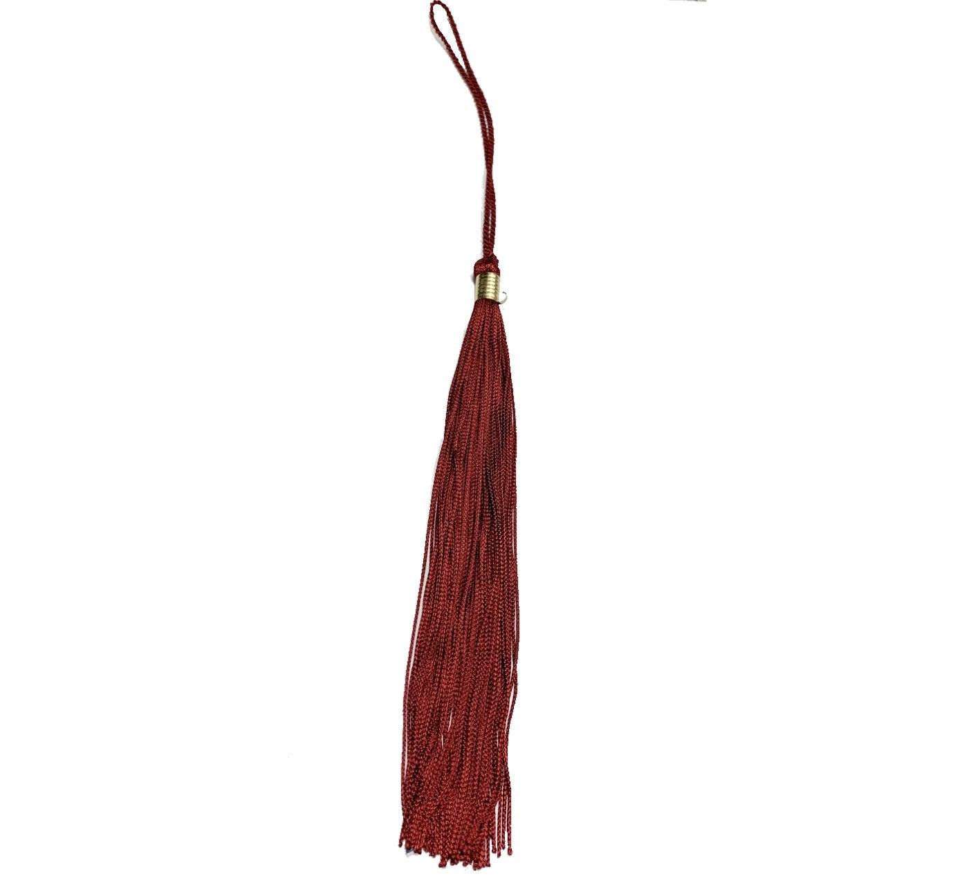 A crimson-colored graduation tassel.