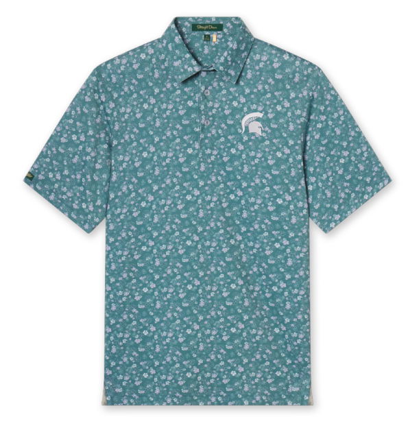 Blue polo with a white floral design and a white Spartan Helmet logo on the upper left chest.