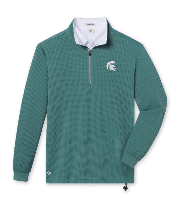Green waffle knit quarter-zip with a white Spartan Helmet logo embroidered on the upper left chest.