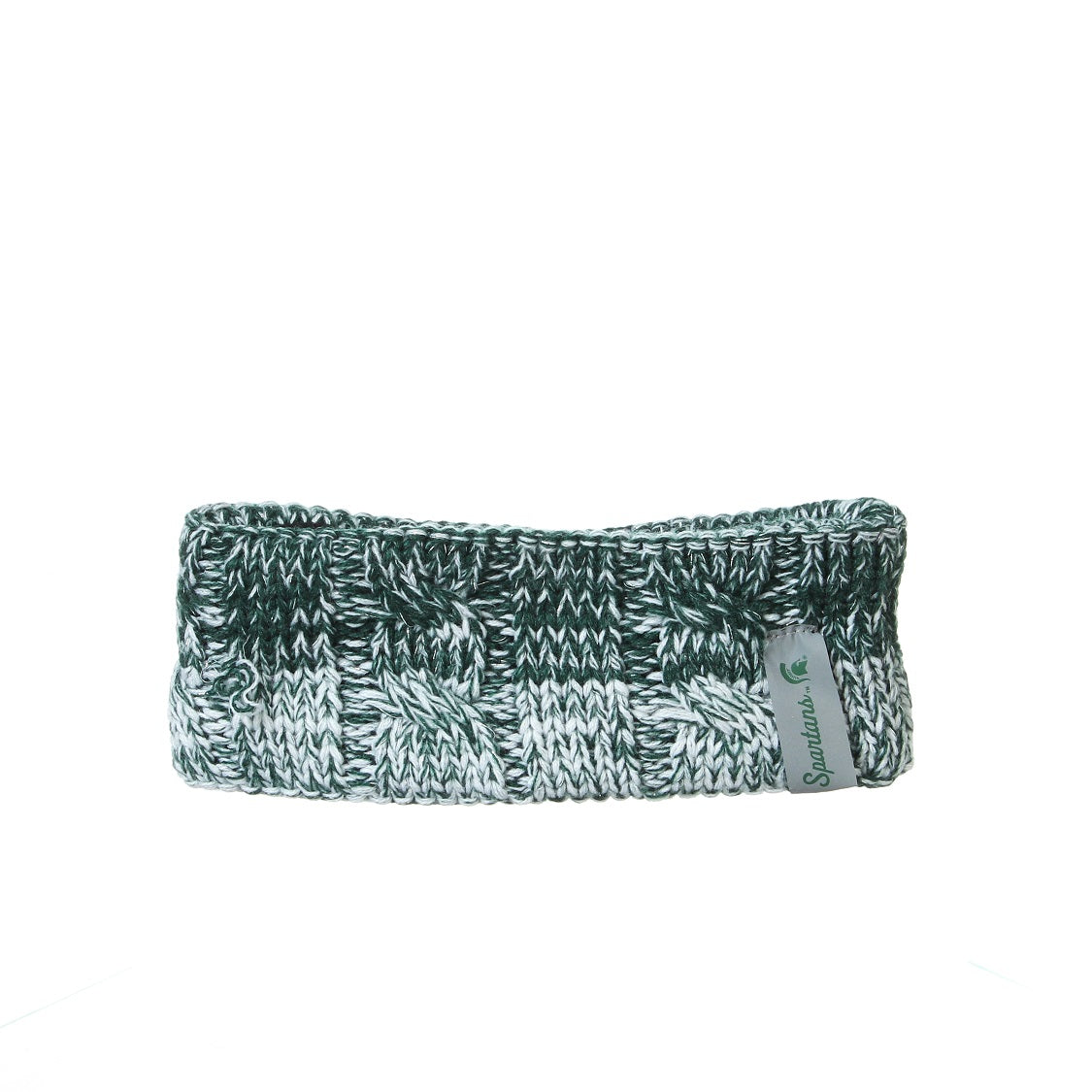 Green and white knit headband with Michigan State Spartans tag on the side.