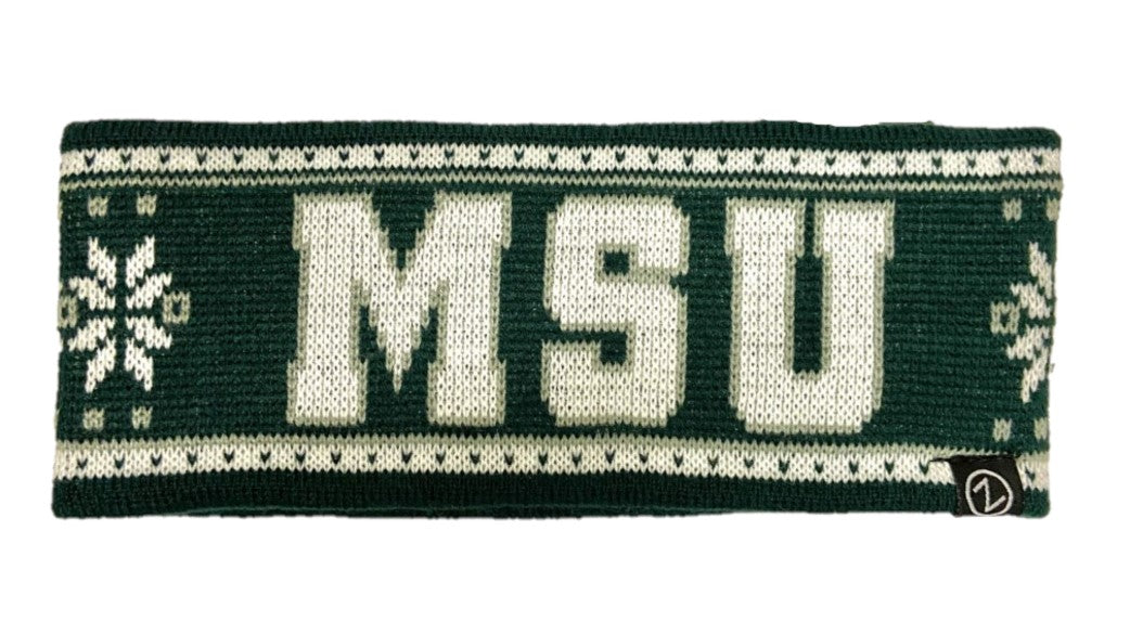 Dark green knit headband with MSU text and Fair Isle snowflake pattern in white