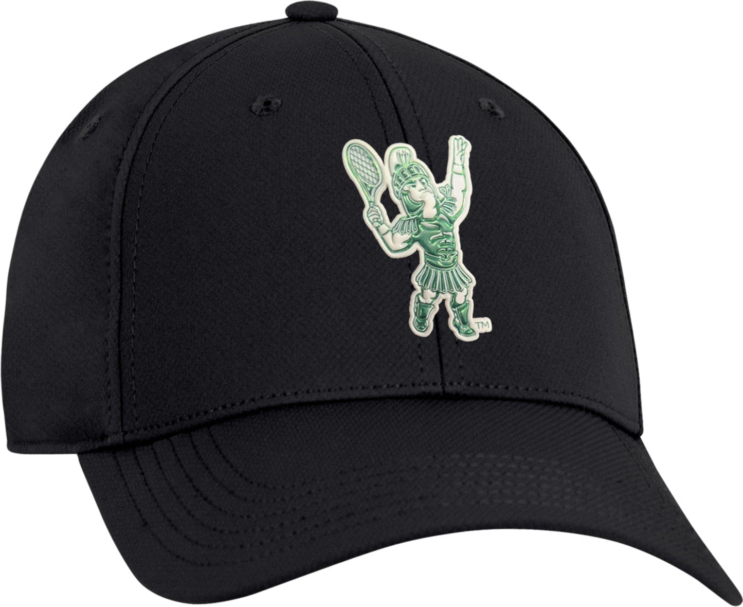 A black hat with a metallic green logo of Tennis Sparty in mid-action on the front.