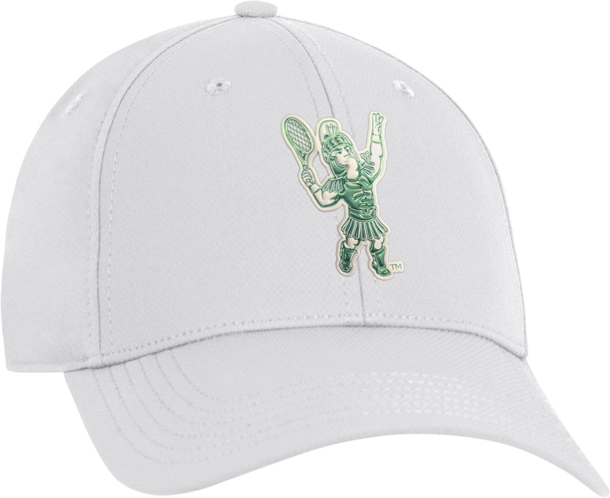 A white hat with a metallic green logo of Sparty tennis player in mid-action on the front.