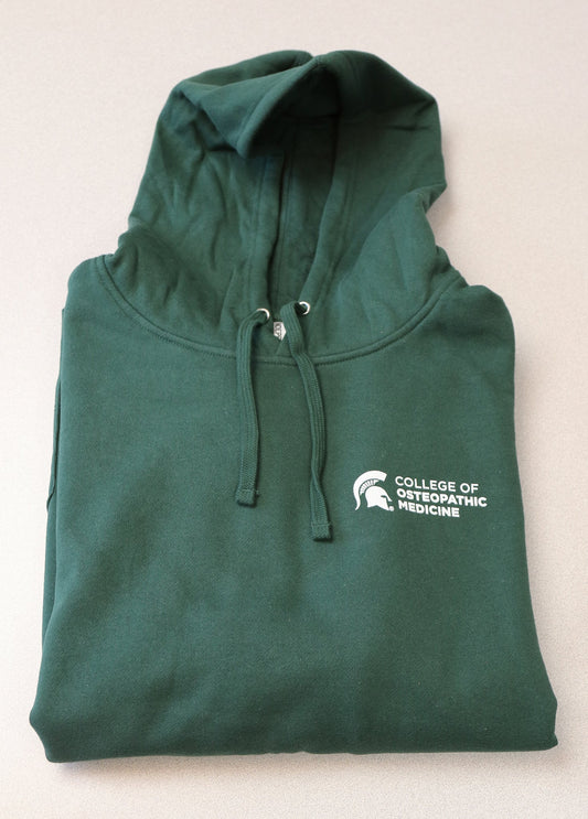 The front of a forest green drawstring hoodie with a white College of Osteopathic Medicine logo printed on front upper left chest.