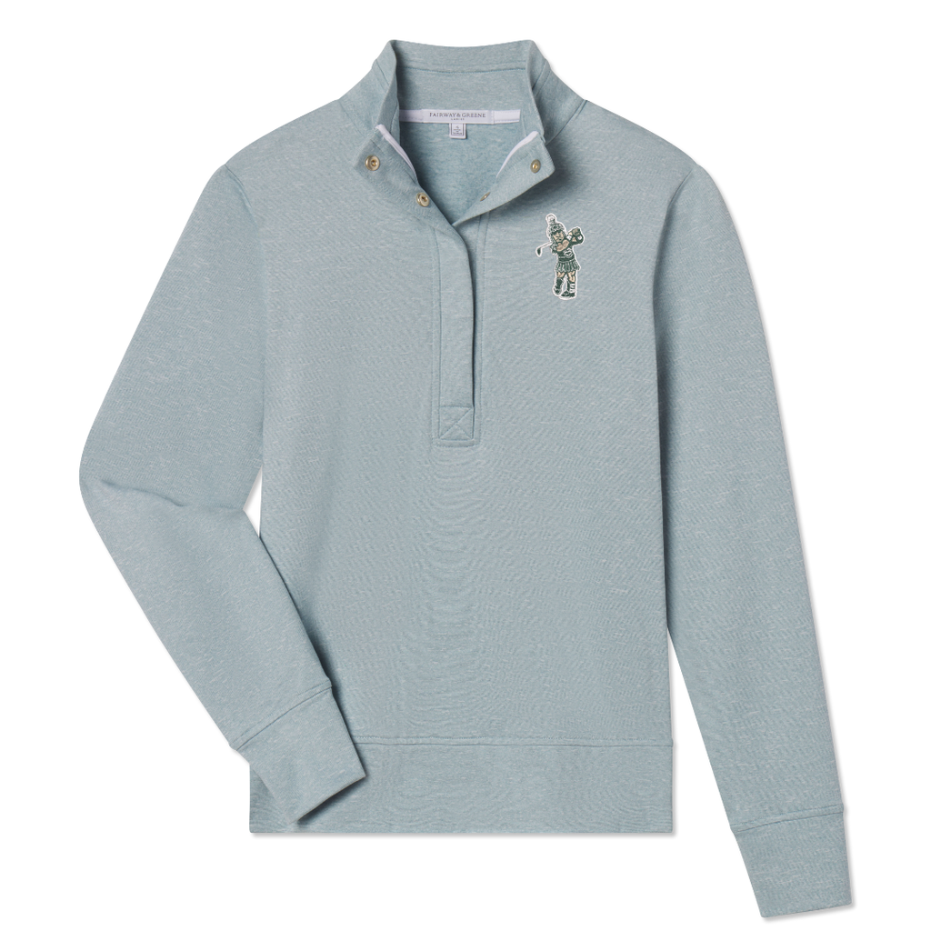 Light blue 1/4 snap up sweatshirt with embroidered golfing Sparty logo on the right side