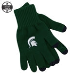 Green knit gloves with black fingertips and white Spartan Helmet logo on the back.