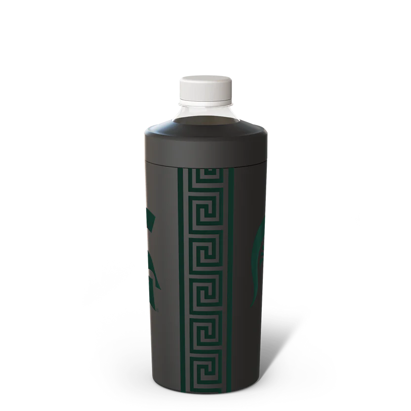 Black can and bottle cooler with "Frost Buddy" branding with green MSU Spartan Helmet and geometric design.