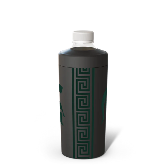 Black can and bottle cooler with "Frost Buddy" branding with green MSU Spartan Helmet and geometric design.