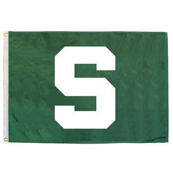 Kelly green flag with a large white block S centered. Left side has a white binding with two gold rivets for hanging.