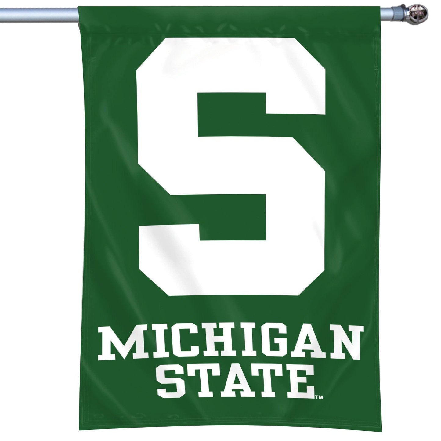 Kelly green vertical hanging flag with a pocket for hanging along the top. Centered is a large block S with block text read "Michigan State" (one word per line).