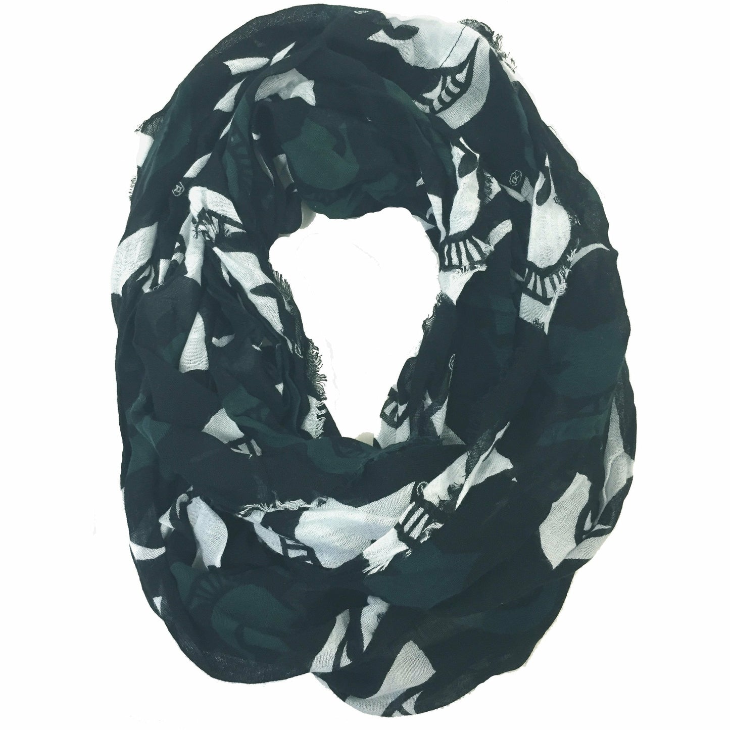 Dark green infinity scarf patterned with large white and green Spartan Helmet logos and a frayed edge.
